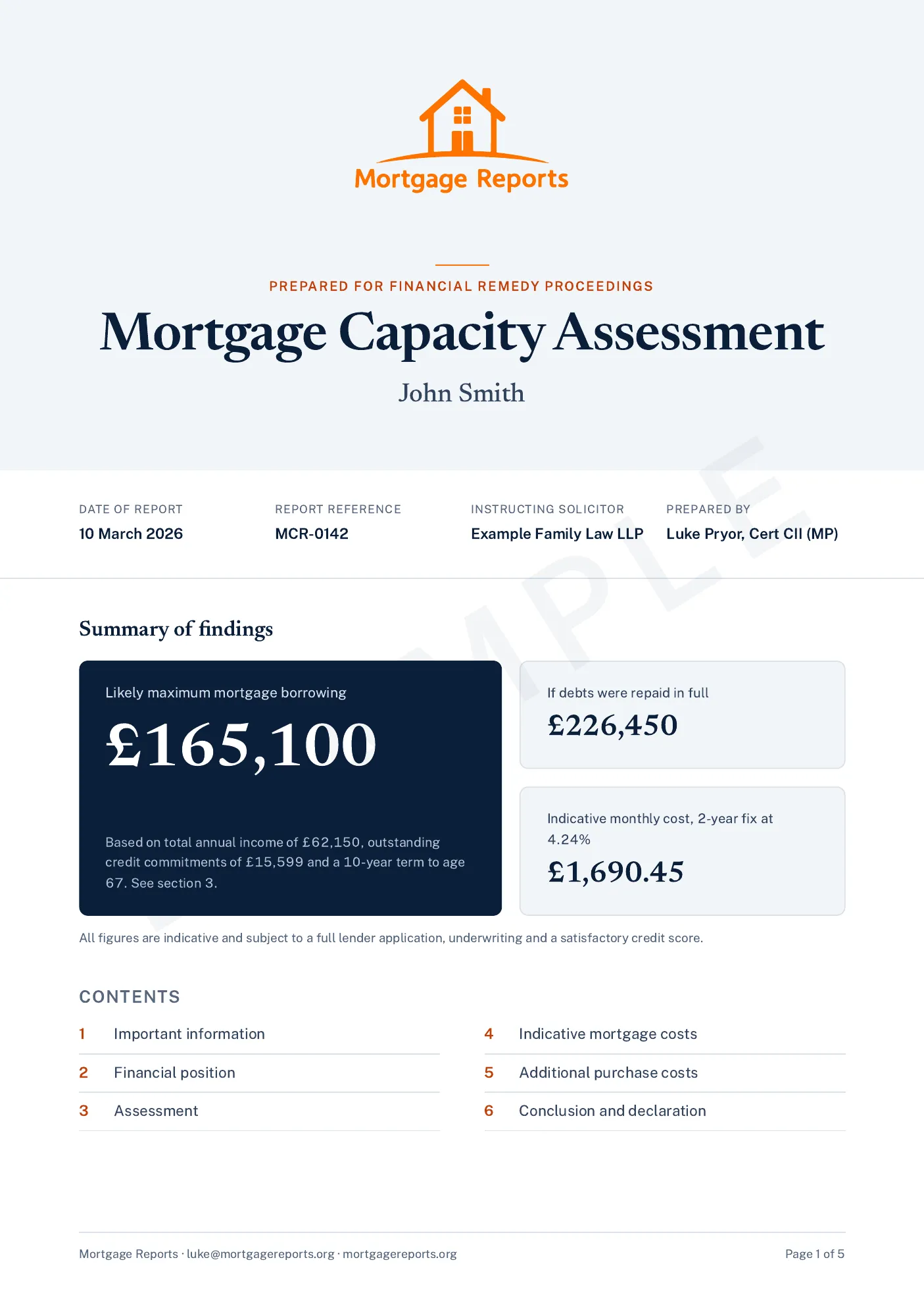Cover page: Mortgage Capacity Assessment Report for the example client John Smith, dated 10 March 2026 and marked as an example report.