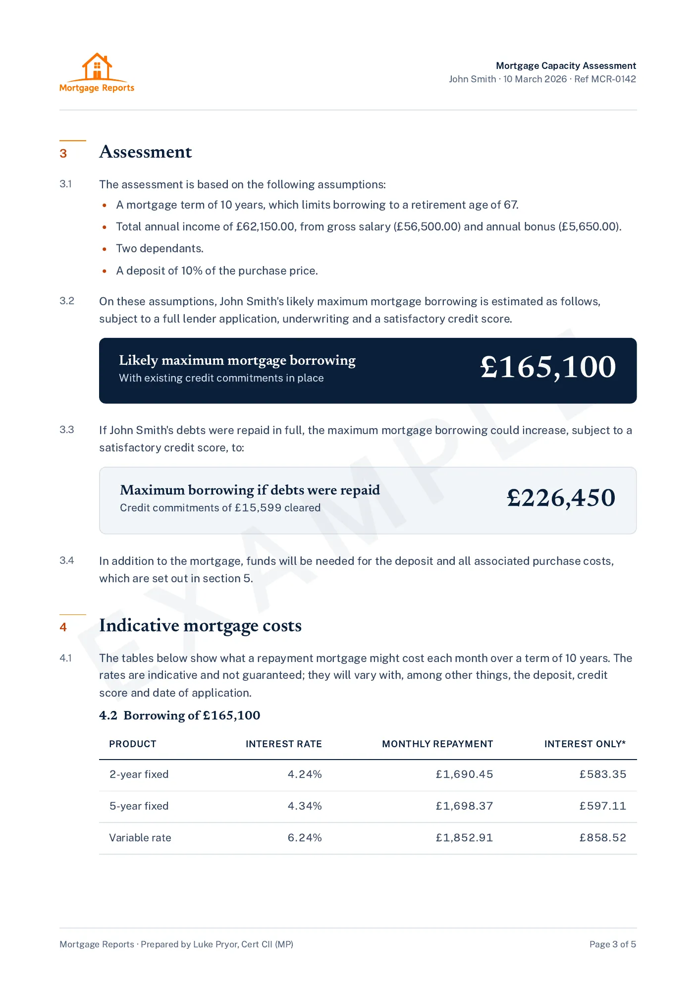 Page 3: indicative monthly repayment and interest-only costs for £165,100 and for £226,450 over 10 years, at a 2-year fix of 4.24%, a 5-year fix of 4.34% and a variable rate of 6.24%.
